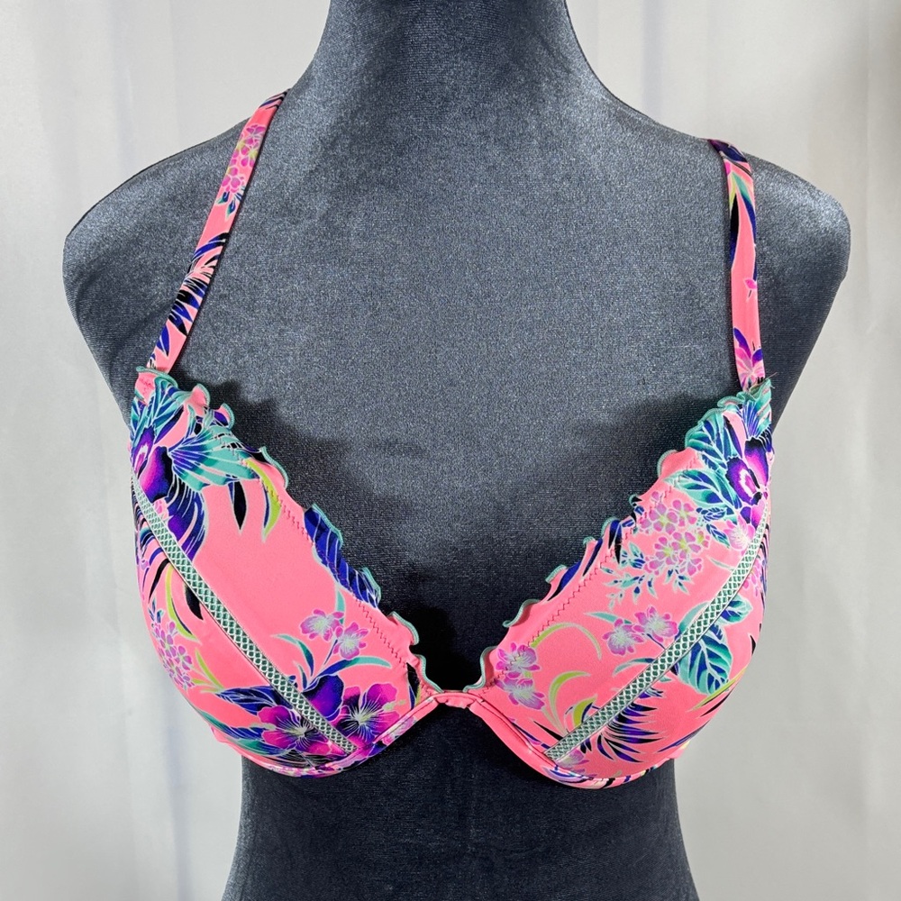 Shade & Shore Coral Tropical Floral Push-Up Bikini Top